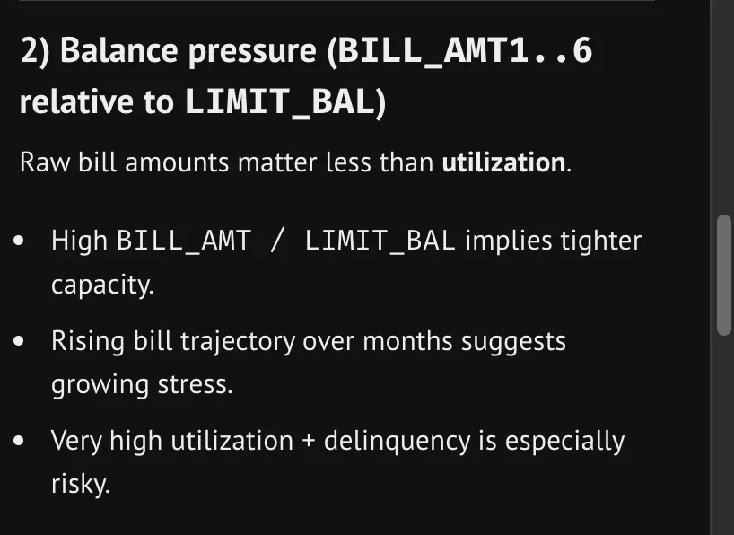 AI response analyzing balance pressure relative to credit limit as a credit risk indicator.